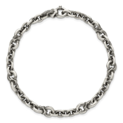 Sterling Silver Black Ruthenium Brushed Fancy Textured Link Men's Chain Bracelet