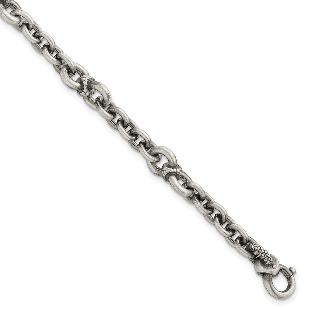 Sterling Silver Black Ruthenium Brushed Fancy Textured Link Men's Chain Bracelet