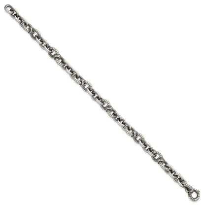 Sterling Silver Black Ruthenium Brushed Fancy Textured Link Men's Chain Bracelet