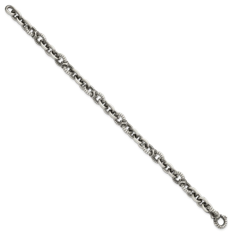 Sterling Silver Black Ruthenium Brushed Fancy Textured Link Men's Chain Bracelet