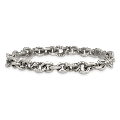 Sterling Silver Black Ruthenium Brushed Fancy Textured Link Men's Chain Bracelet
