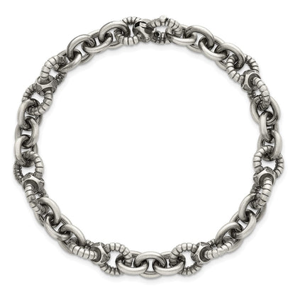 Sterling Silver Black Ruthenium Brushed Fancy Textured Link Men's Chain Bracelet