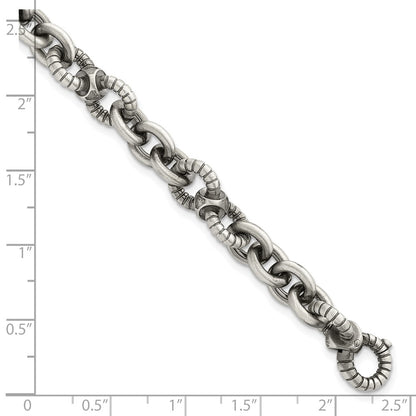Sterling Silver Black Ruthenium Brushed Fancy Textured Link Men's Chain Bracelet