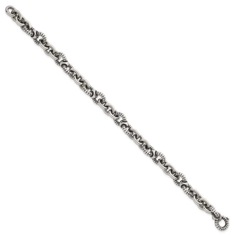 Sterling Silver Oxidized Round Textured Link Men's Chain Bracelet