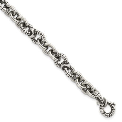 Sterling Silver Oxidized Round Textured Link Men's Chain Bracelet