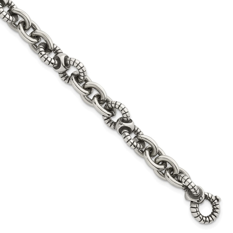 Sterling Silver Oxidized Round Textured Link Men's Chain Bracelet