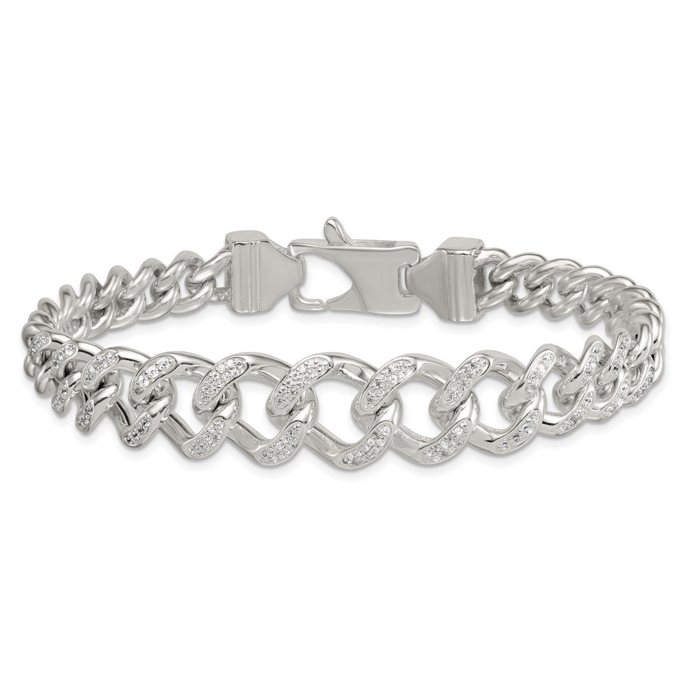 Sterling Silver Polished Graduated CZ Curb Link 9 Inch Men's Anklet