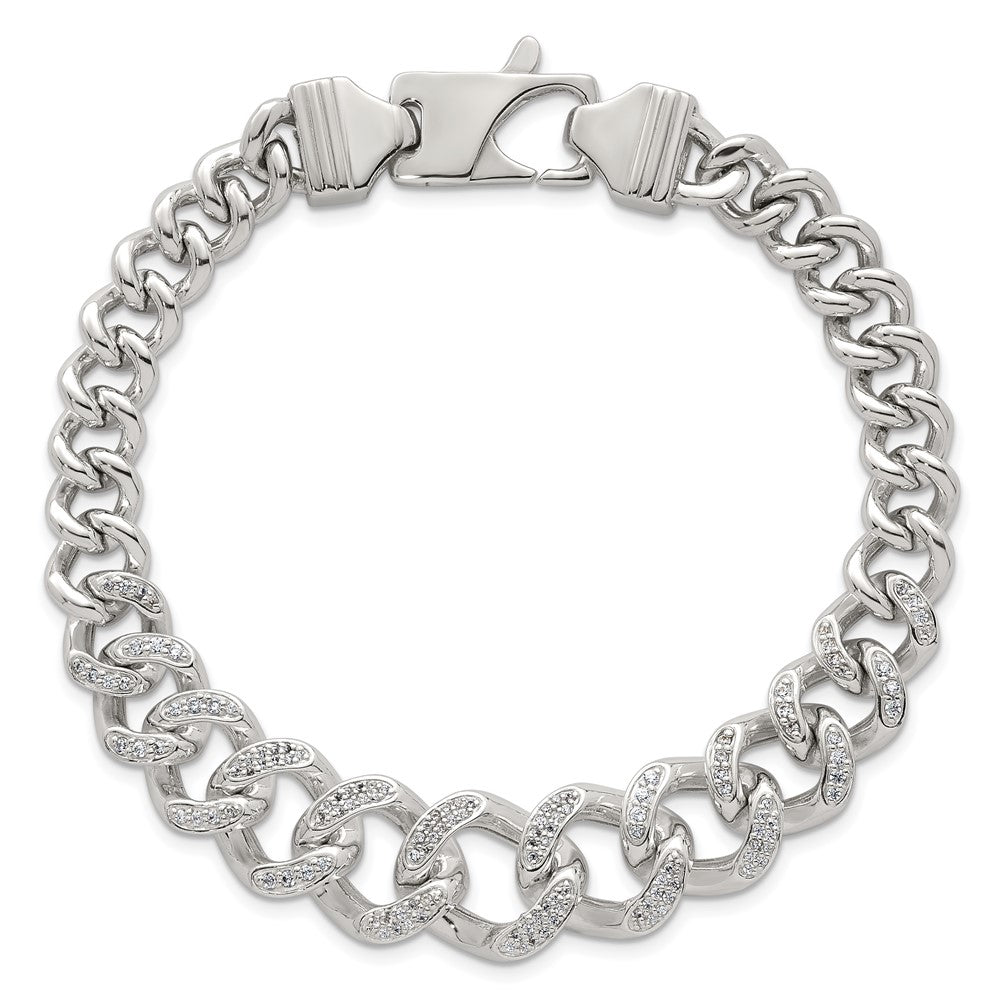 Sterling Silver Polished Graduated CZ Curb Link 9 Inch Men's Anklet