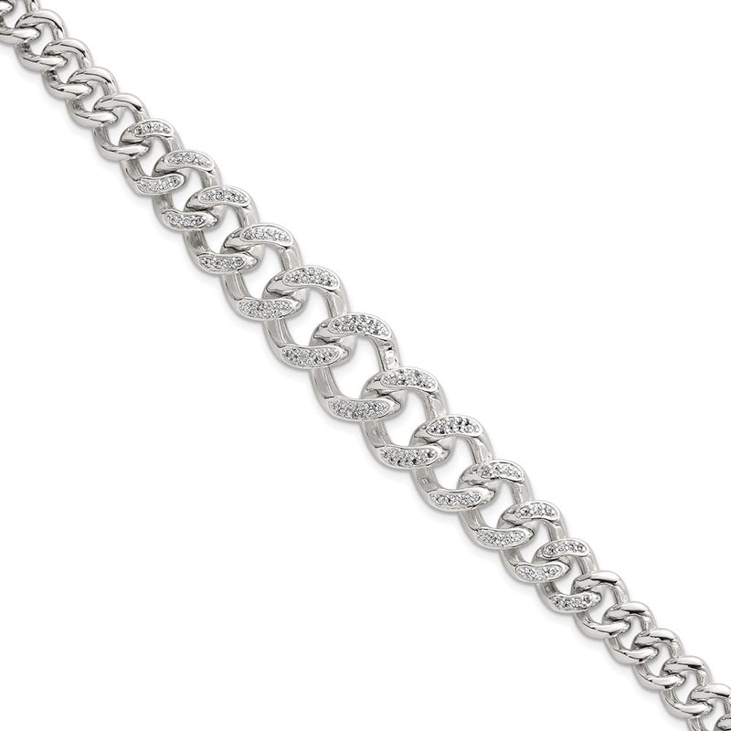 Sterling Silver Polished Graduated CZ Curb Link 9 Inch Men's Anklet