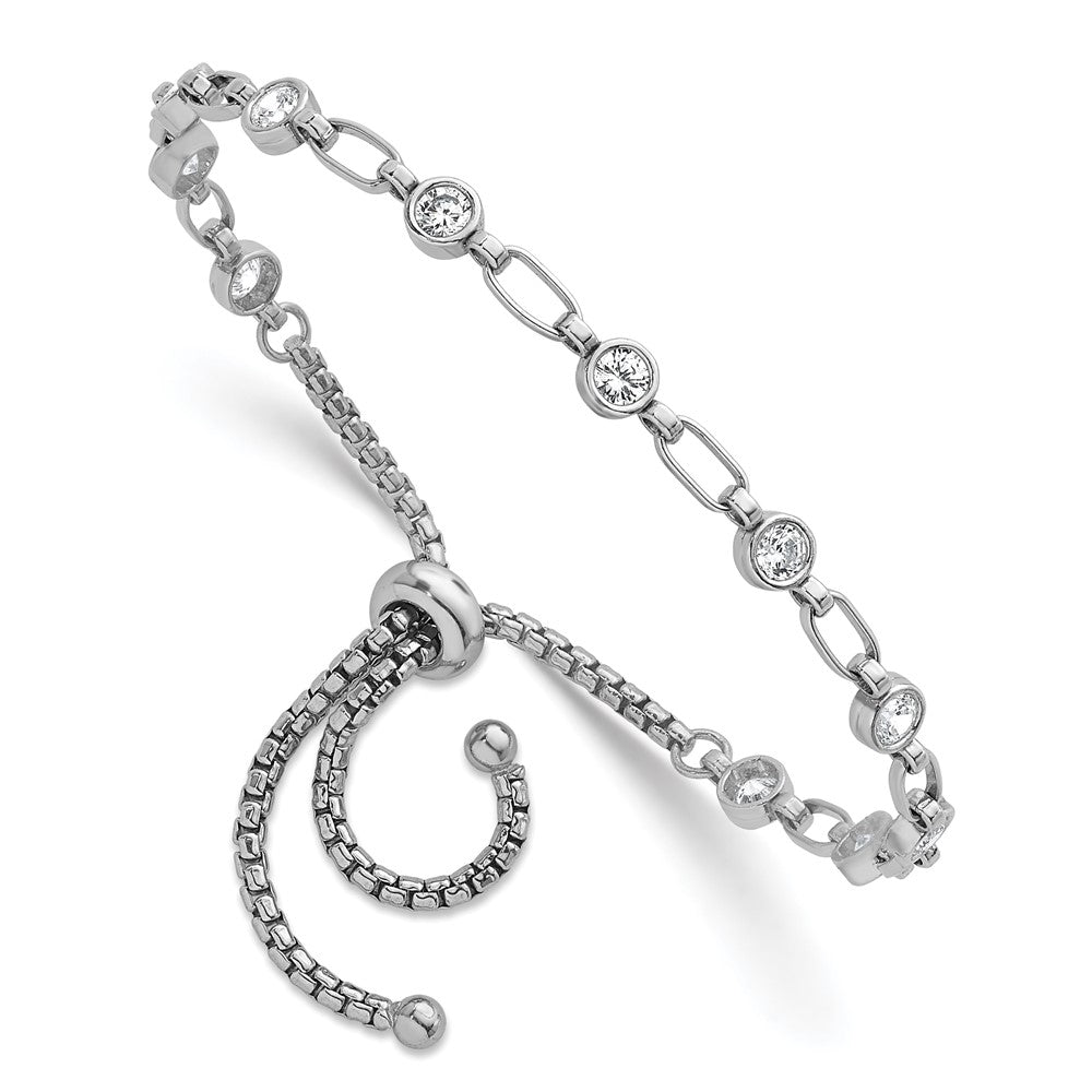 Sterling Silver Rhodium-Plated Polished CZ Bolo Bracelet