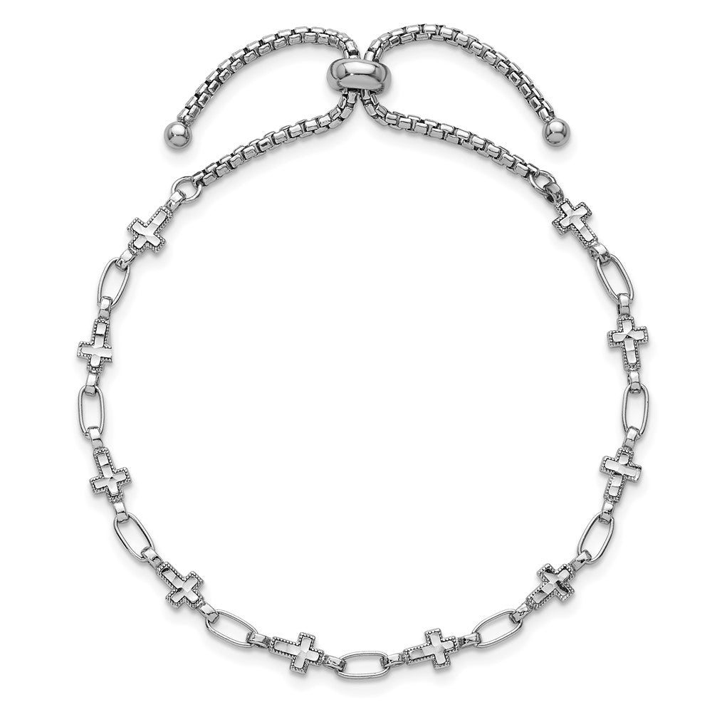 Sterling Silver Rhodium-Plated Polished Cross Bolo Bracelet