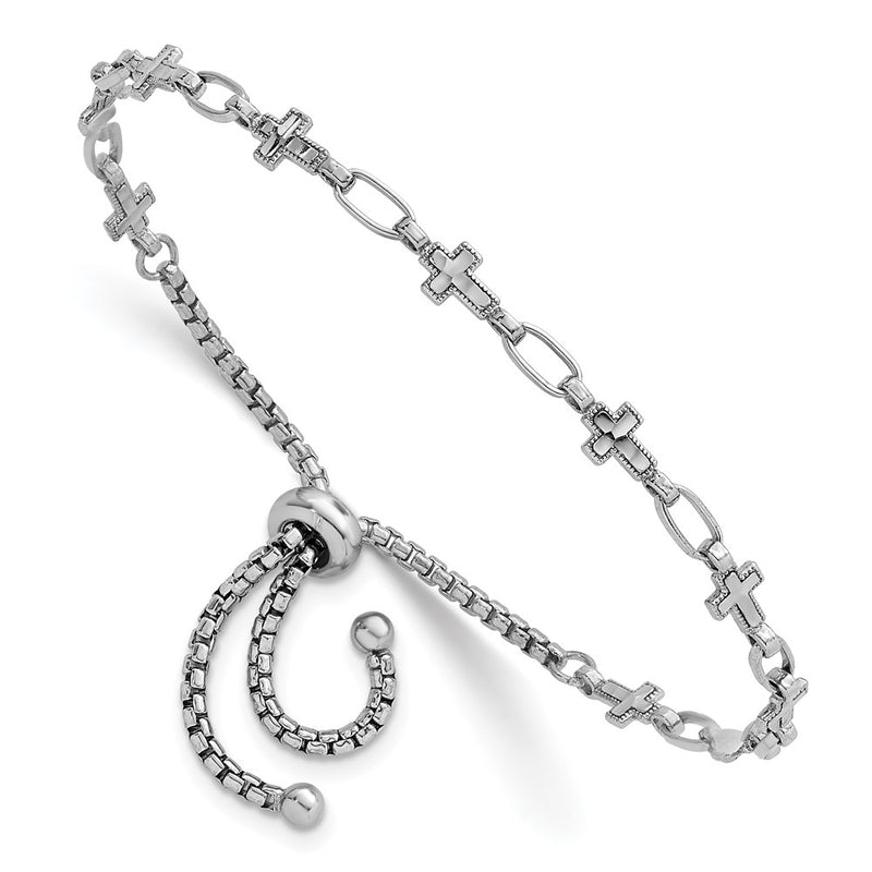Sterling Silver Rhodium-Plated Polished Cross Bolo Bracelet