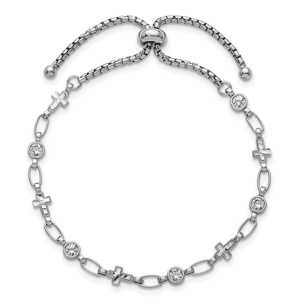 Sterling Silver Rhodium-Plated Polished CZ and Cross Bolo Bracelet
