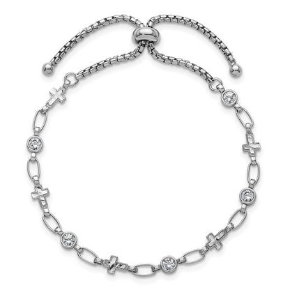 Sterling Silver Rhodium-Plated Polished CZ and Cross Bolo Bracelet