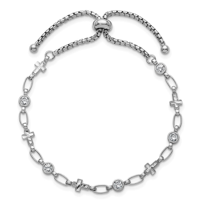 Sterling Silver Rhodium-Plated Polished CZ and Cross Bolo Bracelet