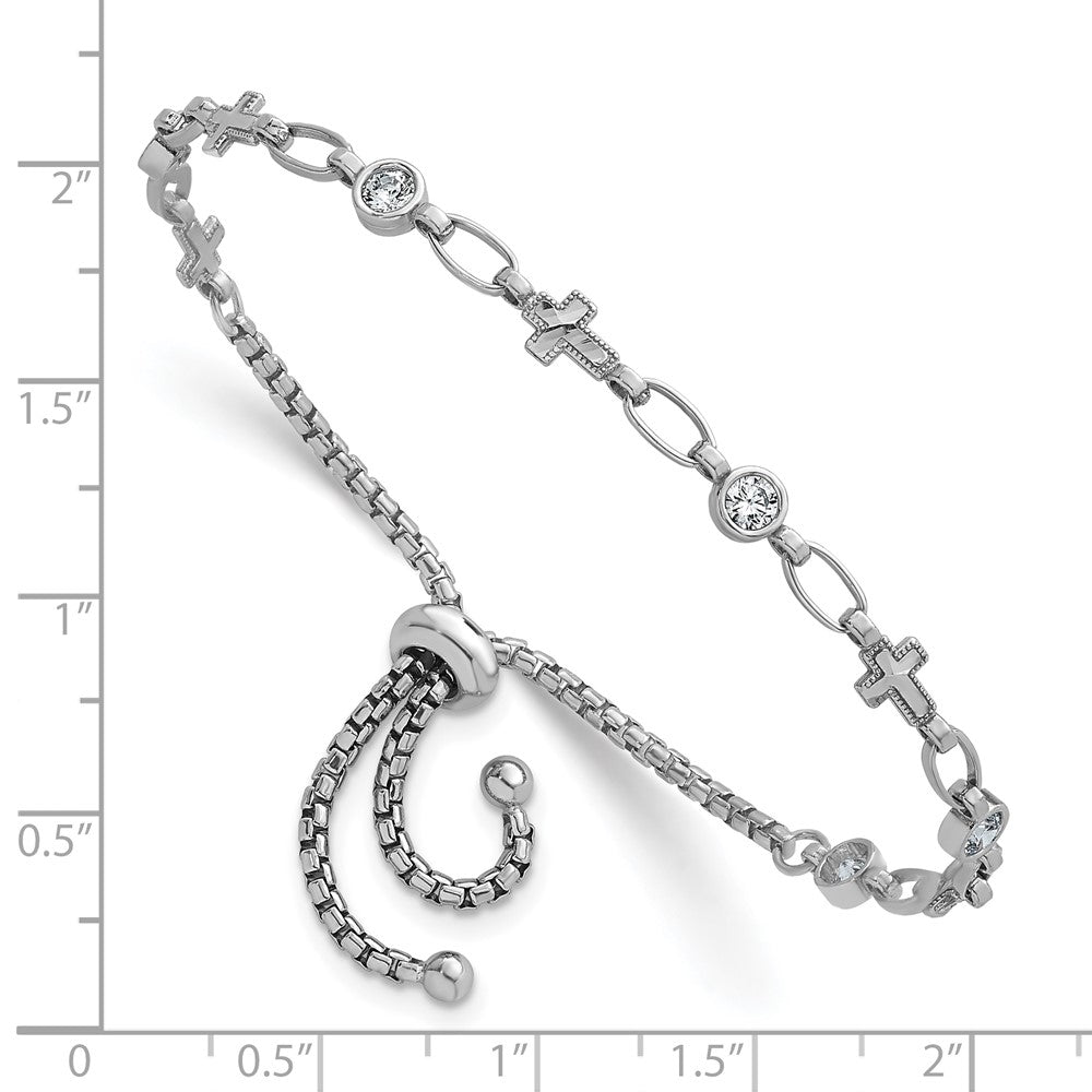 Sterling Silver Rhodium-Plated Polished CZ and Cross Bolo Bracelet