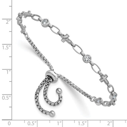 Sterling Silver Rhodium-Plated Polished CZ and Cross Bolo Bracelet