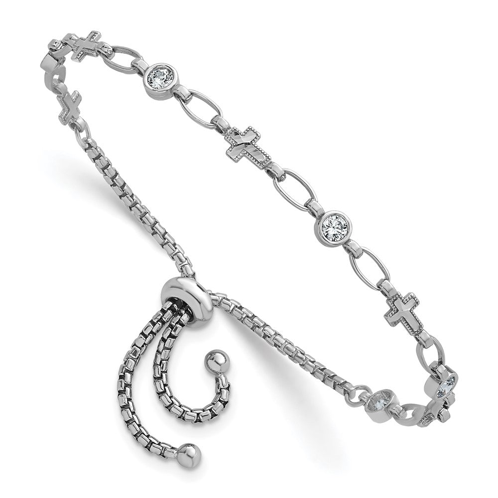 Sterling Silver Rhodium-Plated Polished CZ and Cross Bolo Bracelet