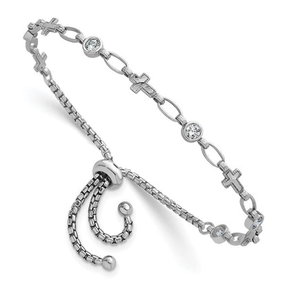 Sterling Silver Rhodium-Plated Polished CZ and Cross Bolo Bracelet