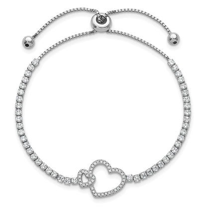 Sterling Silver Rhodium-Plated CZ Heart Adjustable Bolo Bracelet