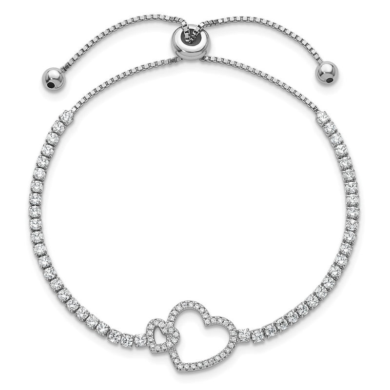 Sterling Silver Rhodium-Plated CZ Heart Adjustable Bolo Bracelet