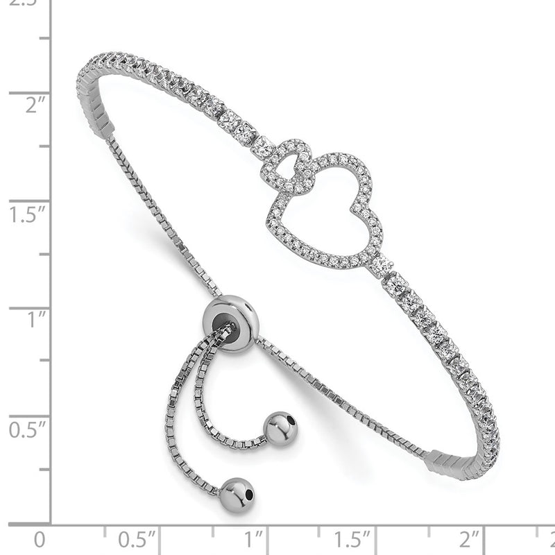 Sterling Silver Rhodium-Plated CZ Heart Adjustable Bolo Bracelet