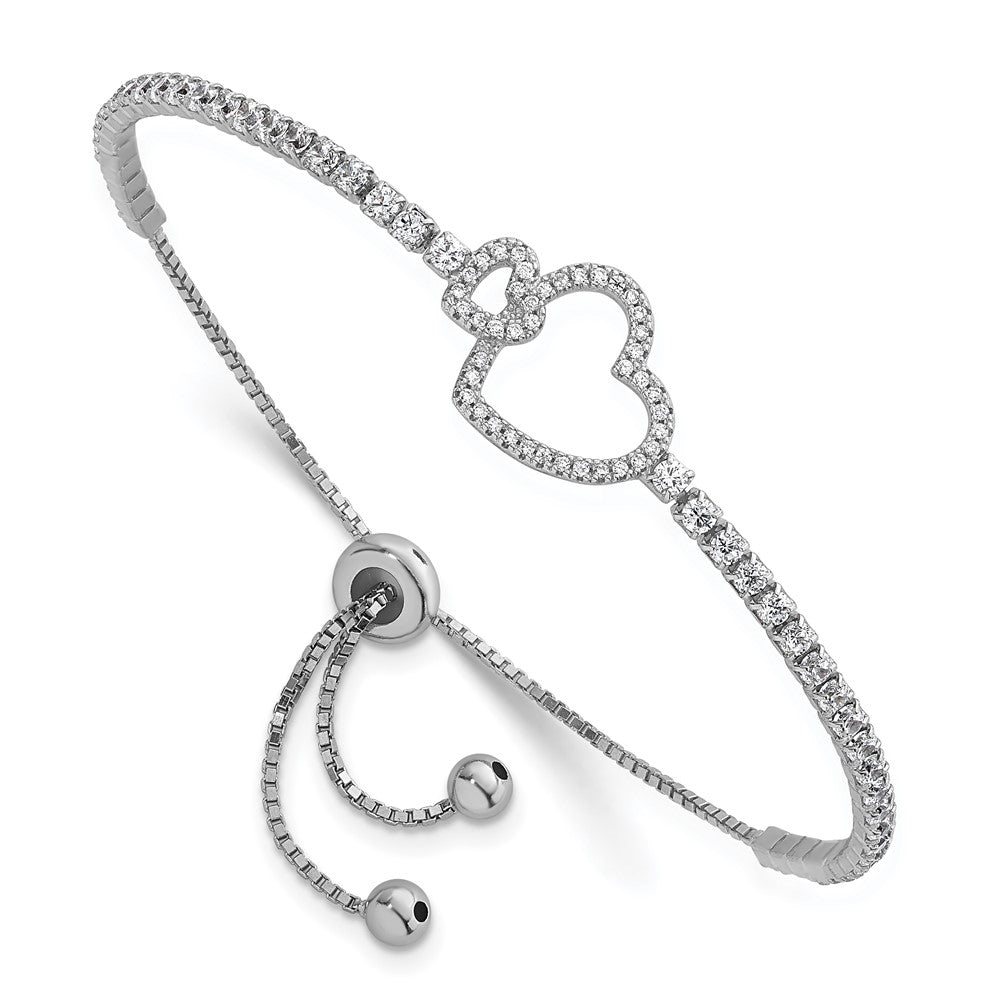 Sterling Silver Rhodium-Plated CZ Heart Adjustable Bolo Bracelet