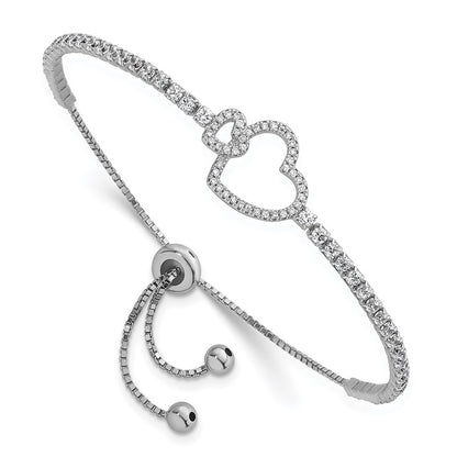 Sterling Silver Rhodium-Plated CZ Heart Adjustable Bolo Bracelet