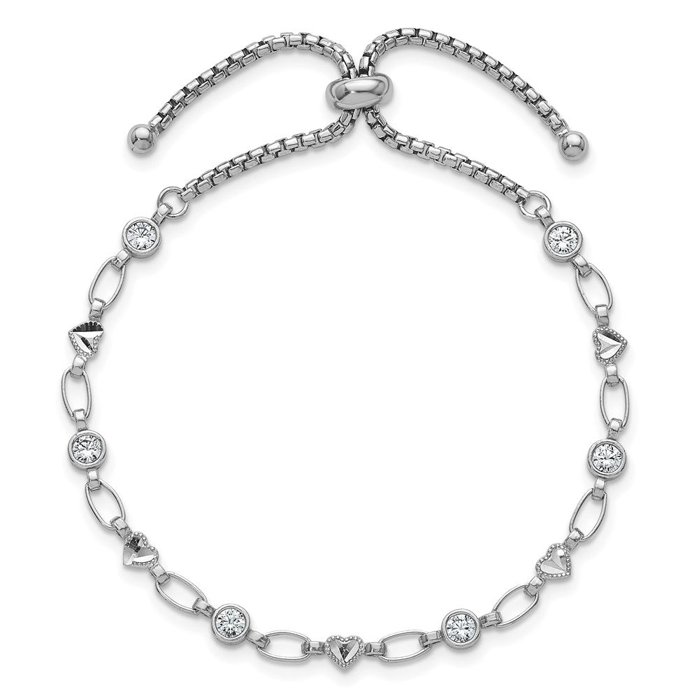 Sterling Silver Rhodium-Plated Polished CZ and Heart Bolo Bracelet
