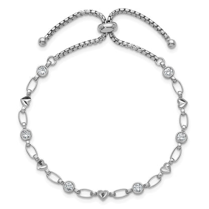 Sterling Silver Rhodium-Plated Polished CZ and Heart Bolo Bracelet