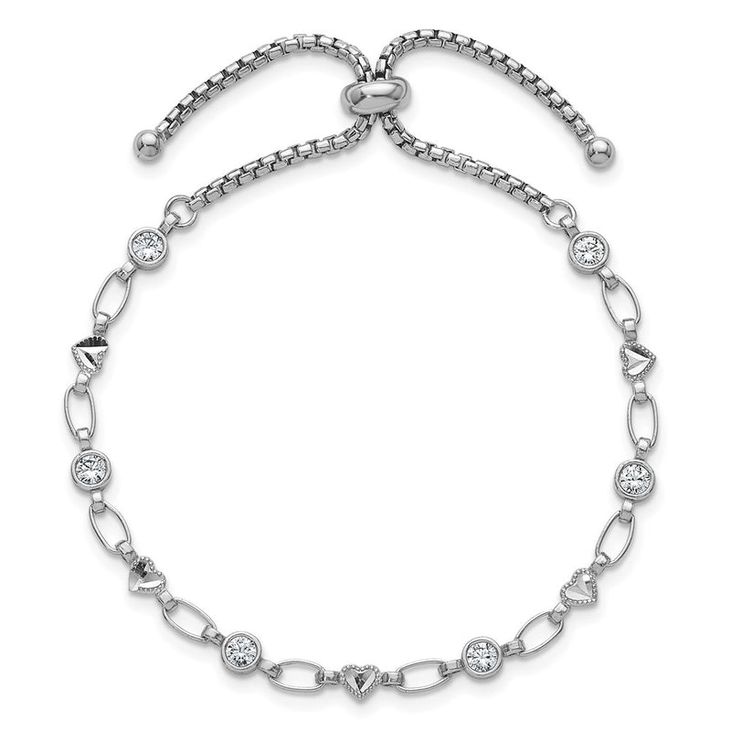 Sterling Silver Rhodium-Plated Polished CZ and Heart Bolo Bracelet
