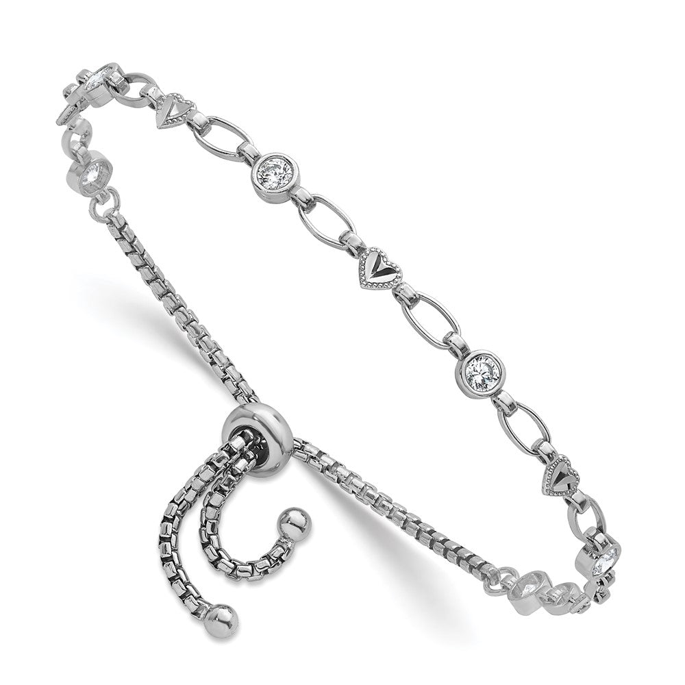 Sterling Silver Rhodium-Plated Polished CZ and Heart Bolo Bracelet