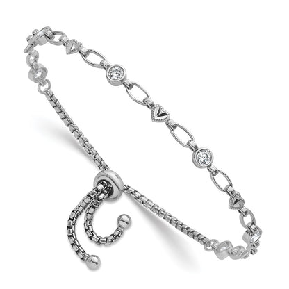 Sterling Silver Rhodium-Plated Polished CZ and Heart Bolo Bracelet