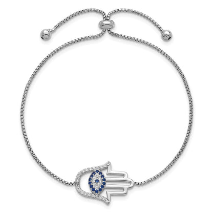 Sterling Silver Rh-Pltd Polished CZ and Cr. Blue Spinel Evil Eye Hamsa Adj Bolo Bracelet