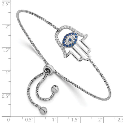 Sterling Silver Rh-Pltd Polished CZ and Cr. Blue Spinel Evil Eye Hamsa Adj Bolo Bracelet