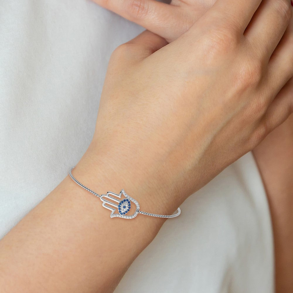 Sterling Silver Rh-Pltd Polished CZ and Cr. Blue Spinel Evil Eye Hamsa Adj Bolo Bracelet