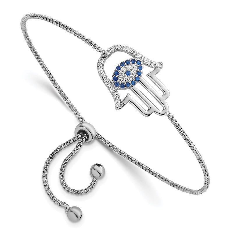 Sterling Silver Rh-Pltd Polished CZ and Cr. Blue Spinel Evil Eye Hamsa Adj Bolo Bracelet