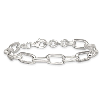 Sterling Silver Polished and Textured w/.5in Ext Oval Link Bracelet