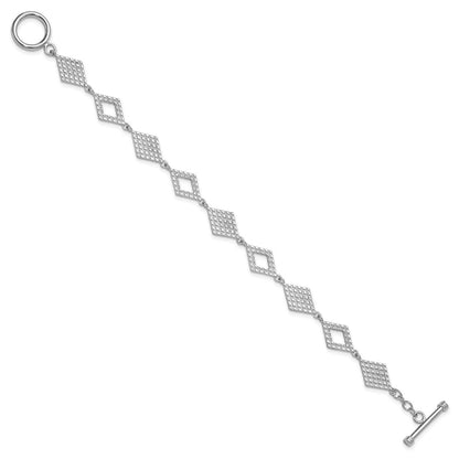 Sterling Silver Rhodium Plated Diamond Shape Textured 7.5in Toggle Bracelet