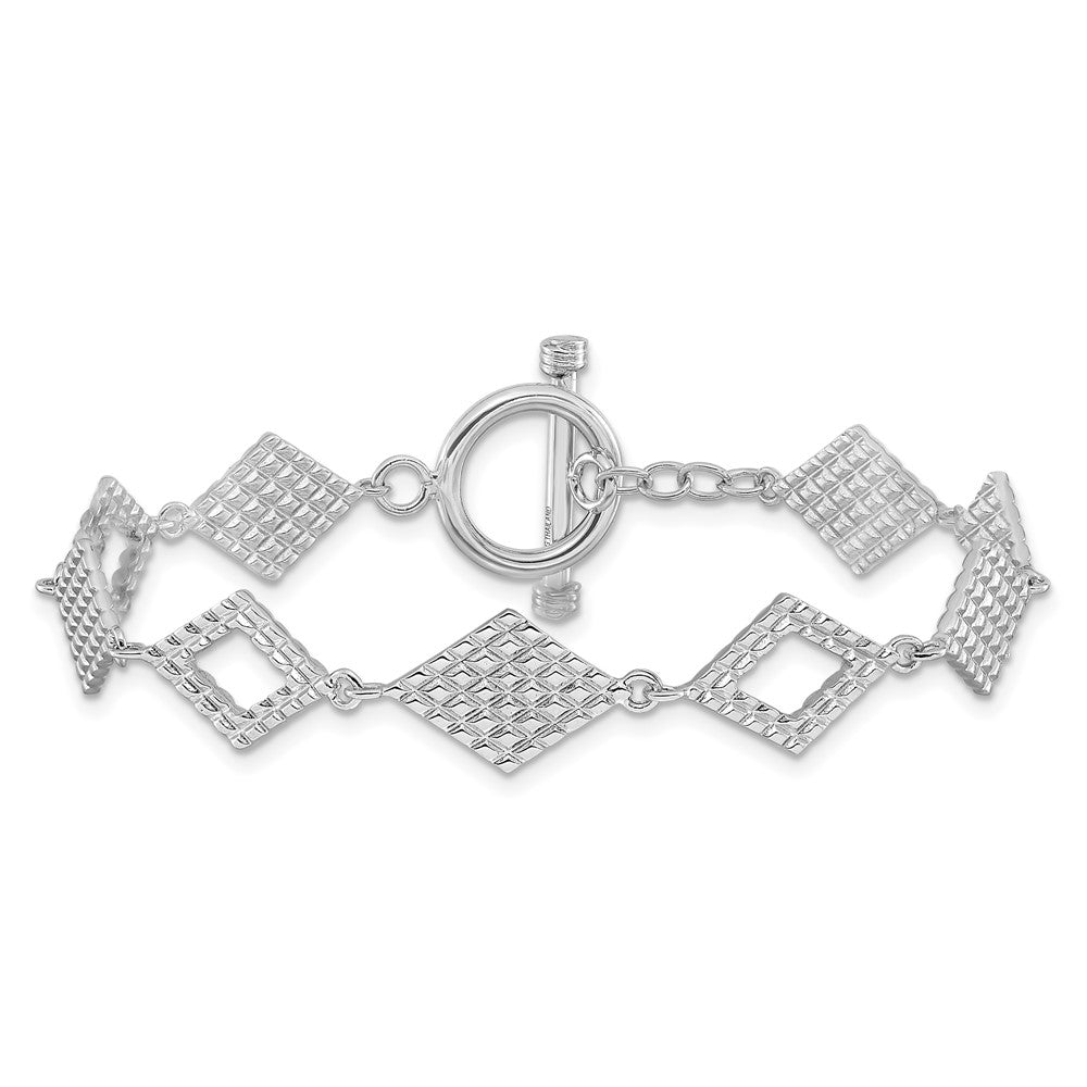 Sterling Silver Rhodium Plated Diamond Shape Textured 7.5in Toggle Bracelet