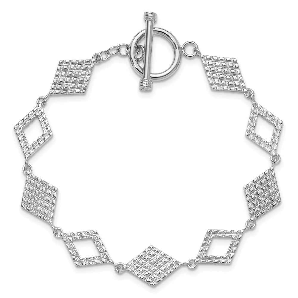 Sterling Silver Rhodium Plated Diamond Shape Textured 7.5in Toggle Bracelet