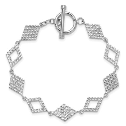 Sterling Silver Rhodium Plated Diamond Shape Textured 7.5in Toggle Bracelet