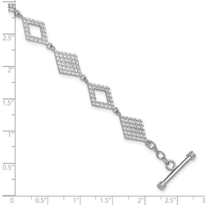 Sterling Silver Rhodium Plated Diamond Shape Textured 7.5in Toggle Bracelet