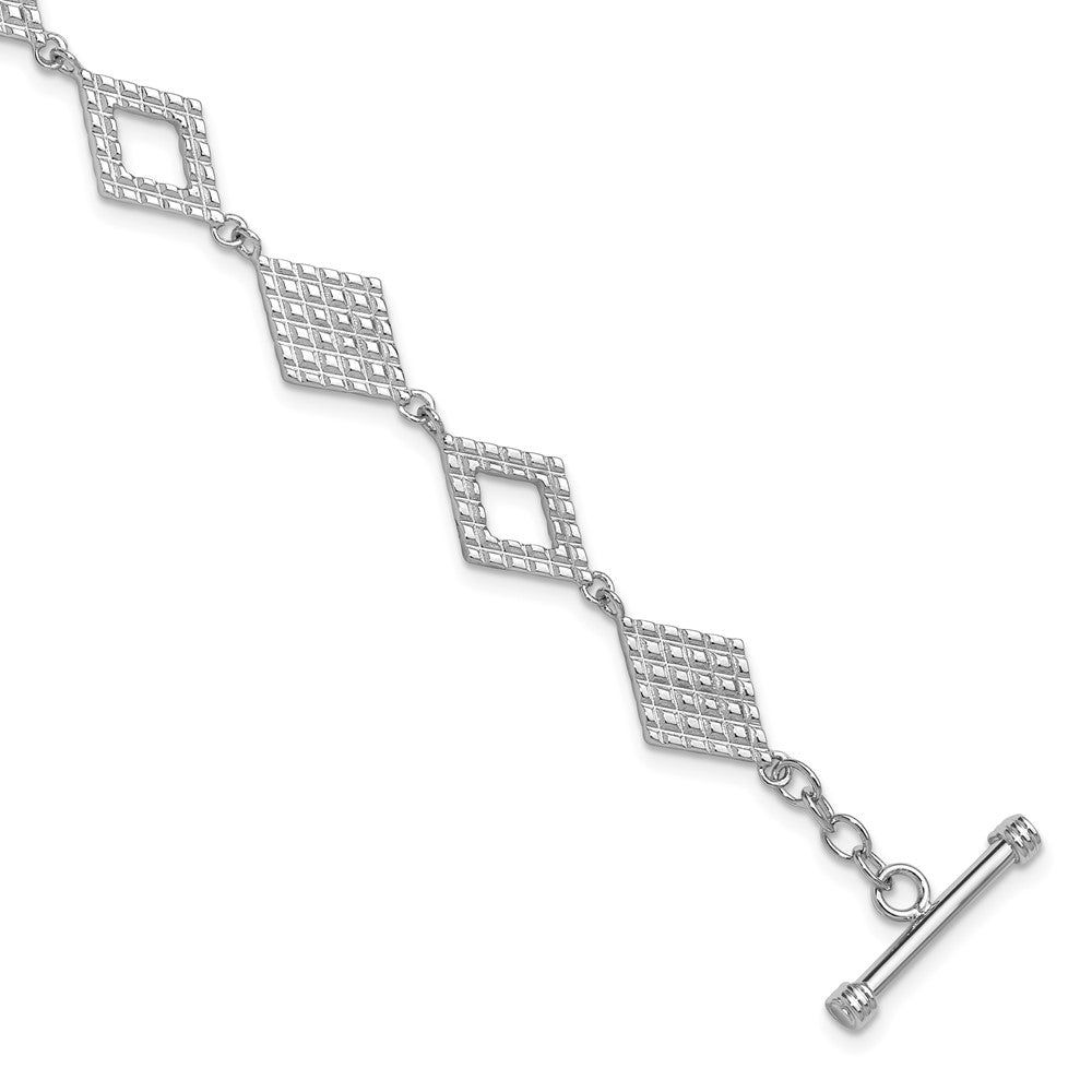 Sterling Silver Rhodium Plated Diamond Shape Textured 7.5in Toggle Bracelet