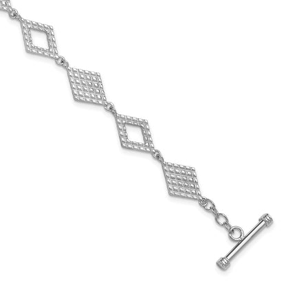 Sterling Silver Rhodium Plated Diamond Shape Textured 7.5in Toggle Bracelet