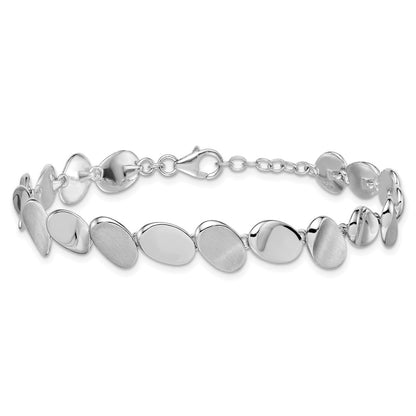 Sterling Silver Rh-Pltd Brushed/polished Ovals 7.5in w/.5in Ext. Bracelet