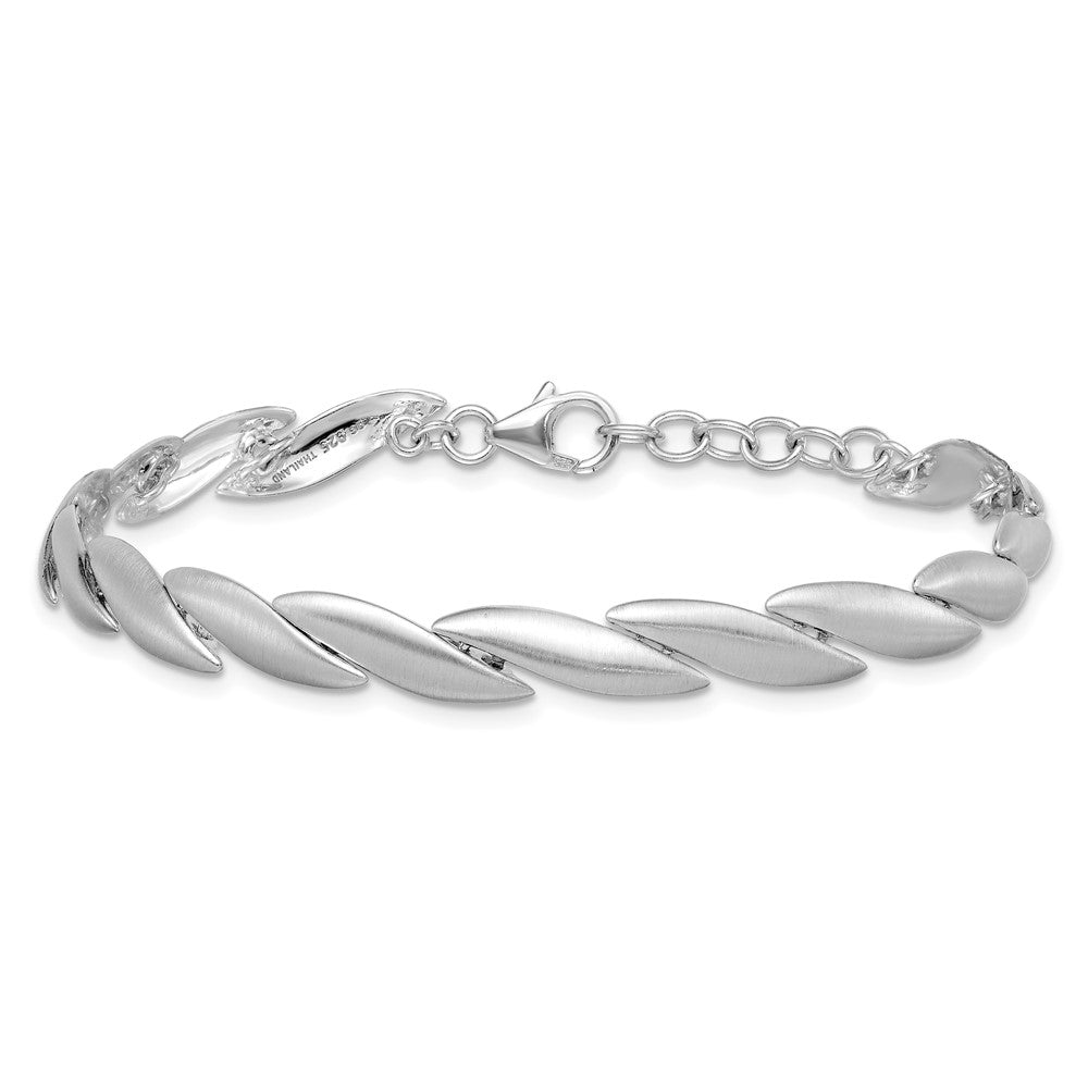 Sterling Silver Rhodium Plated Brushed Fancy 7in w/.5in Ext. Bracelet