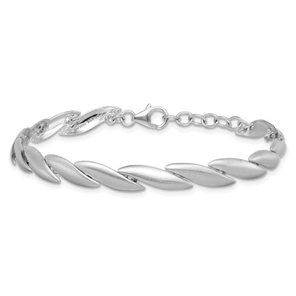 Sterling Silver Rhodium Plated Brushed Fancy 7in w/.5in Ext. Bracelet