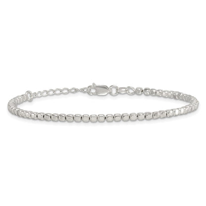 Sterling Silver Polished and Square Beaded 7in w/1in Ext. Bracelet