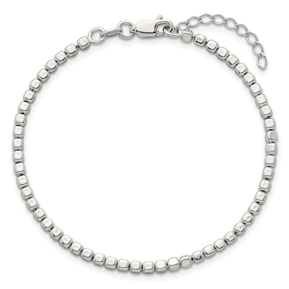 Sterling Silver Polished and Square Beaded 7in w/1in Ext. Bracelet